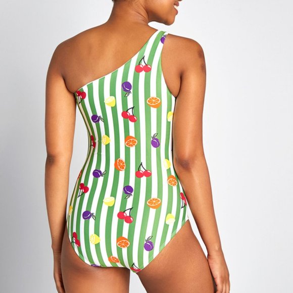 NWT ModCloth Fruit Striped One-Shoulder Swimsuit Retro/Vintage - Picture 2 of 3